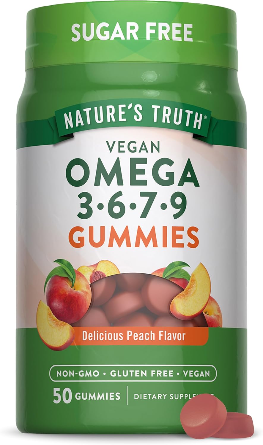 50 Count Nature's Truth Vegan Omega 3679 Peach Gummies - Non-GMO & Gluten Free Supplement