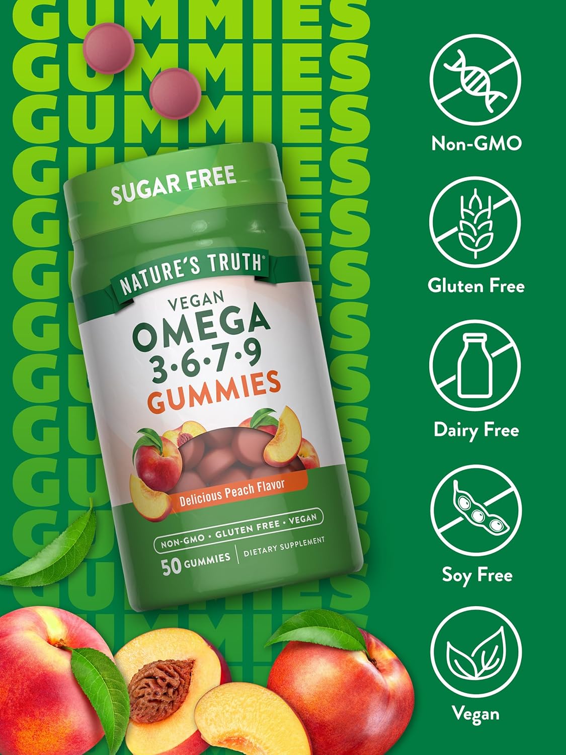 50 Count Nature's Truth Vegan Omega 3679 Peach Gummies - Non-GMO & Gluten Free Supplement