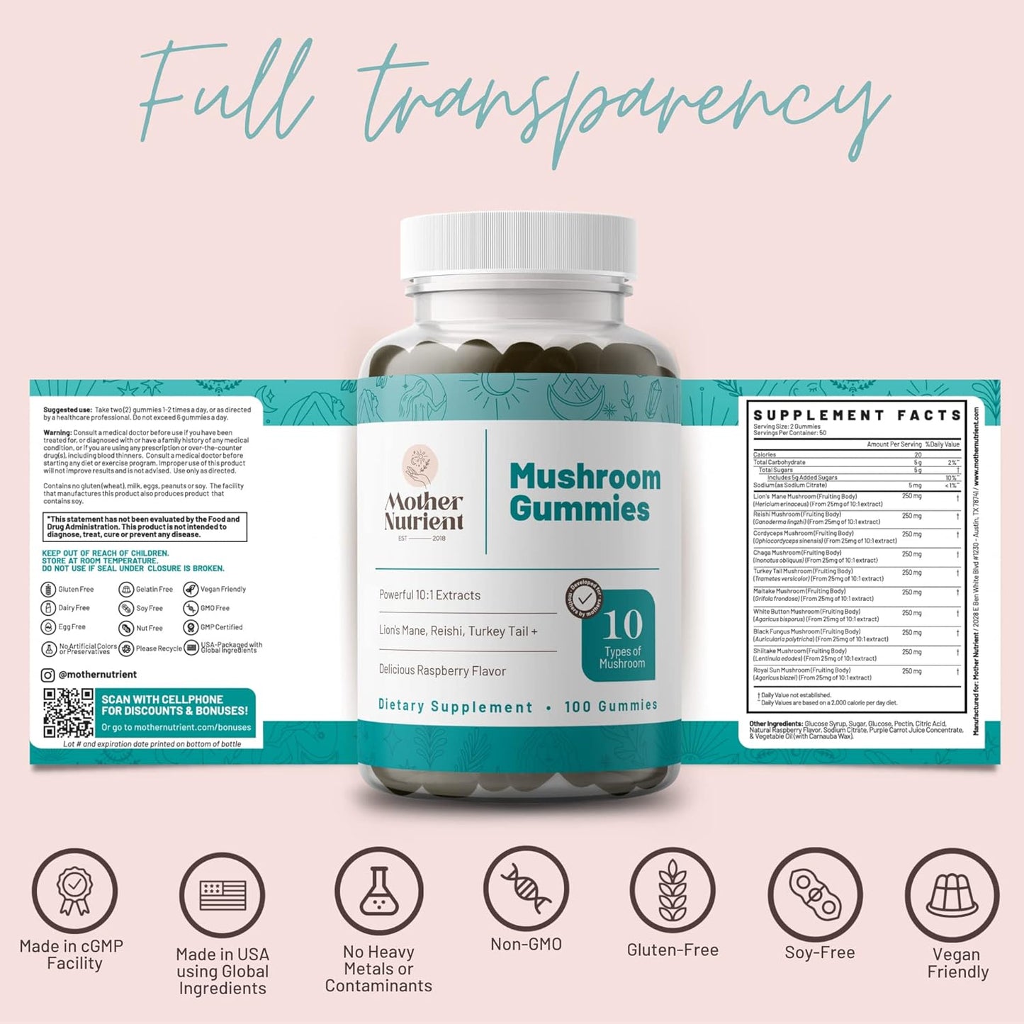 50 Day Supply Mother Nutrient Mushroom Supplement Gummies with Chaga, Reishi, Cordyceps & Lion's Mane - Pure Extract Multi Mushrooms Chewables