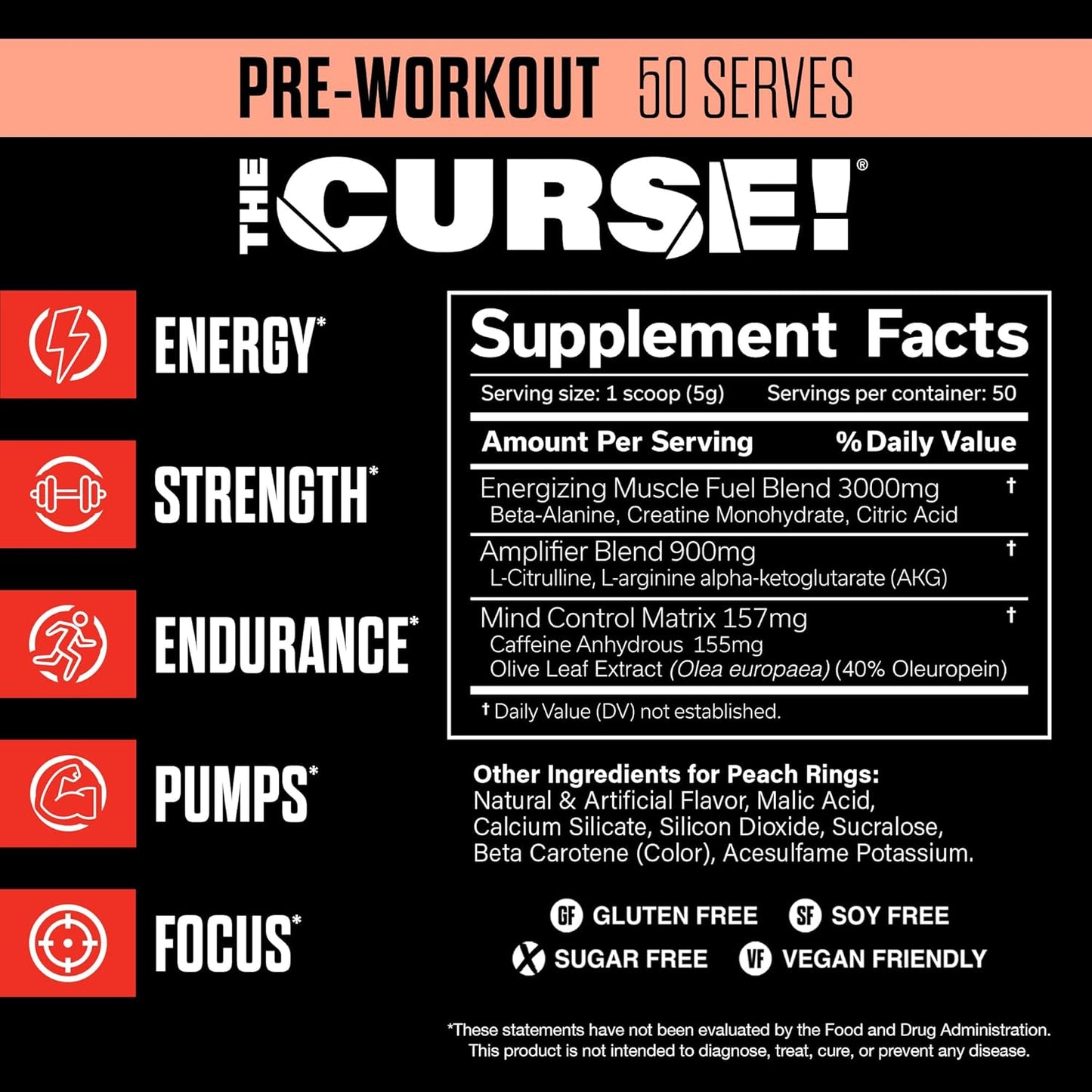 50 Servings of JNX SPORTS The Curse! Peach Rings Pre Workout Powder - Boost Strength, Energy, and Focus with Caffeine, Beta-Alanine, Creatine, and L-Citrulline for Men and Women