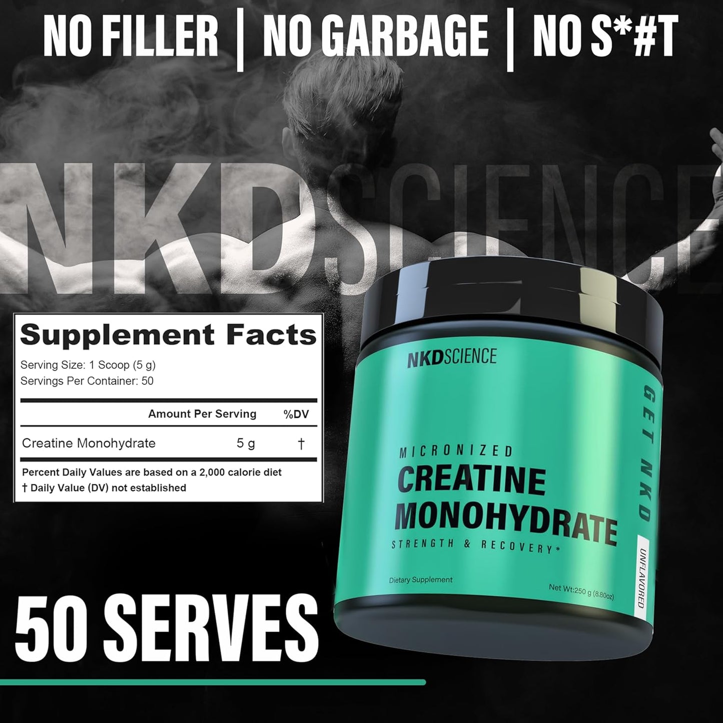 50 Servings of Third Party Tested NKDScience Creatine Monohydrate for Strength and Recovery - 5g per Serving (Unflavored)