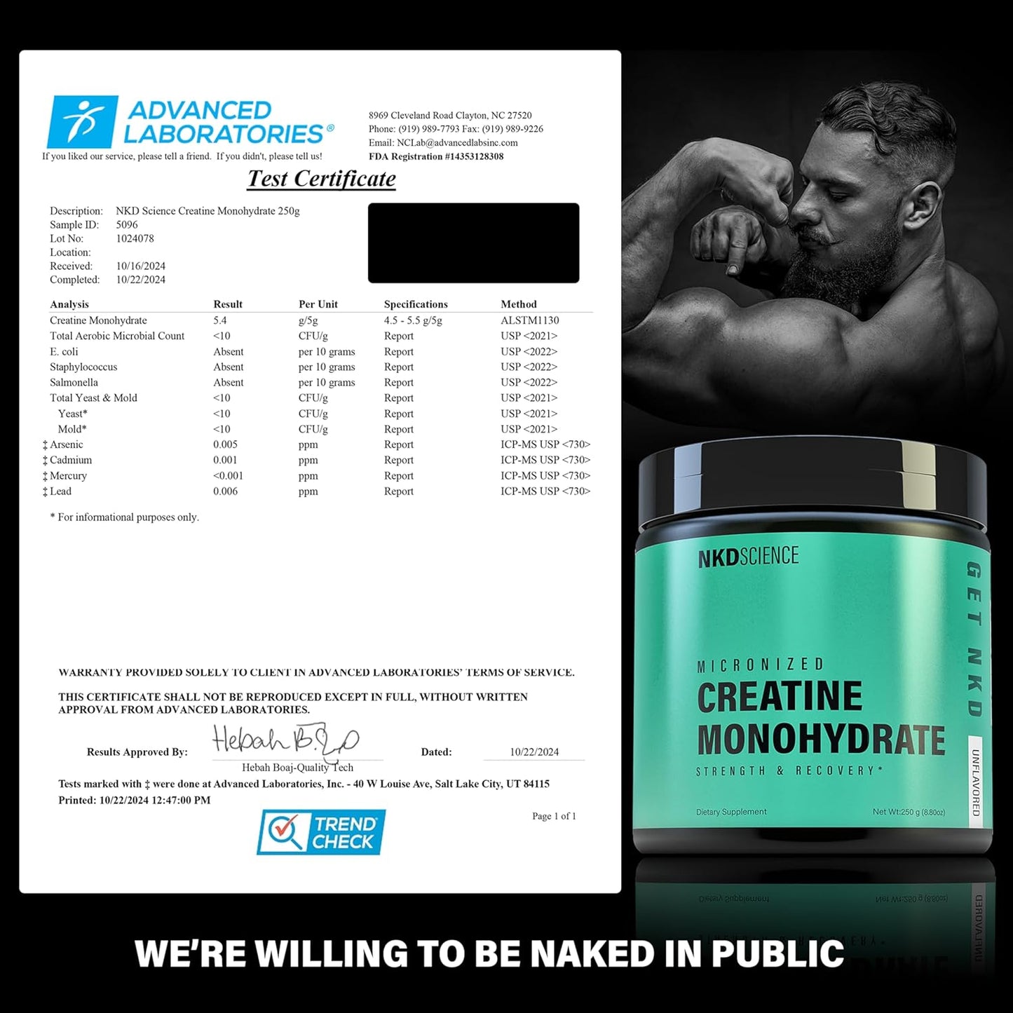 50 Servings of Third Party Tested NKDScience Creatine Monohydrate for Strength and Recovery - 5g per Serving (Unflavored)