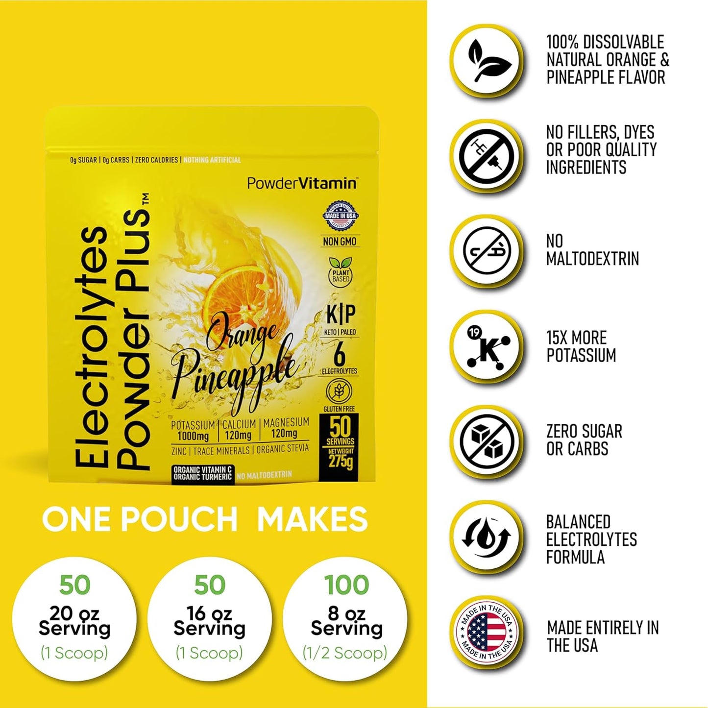 50 Servings Powder Vitamin Electrolytes with 0 Calorie Keto Formula - Orange Pineapple Flavor, 1000mg Potassium, 120mg Calcium, 120mg Magnesium for Hydration