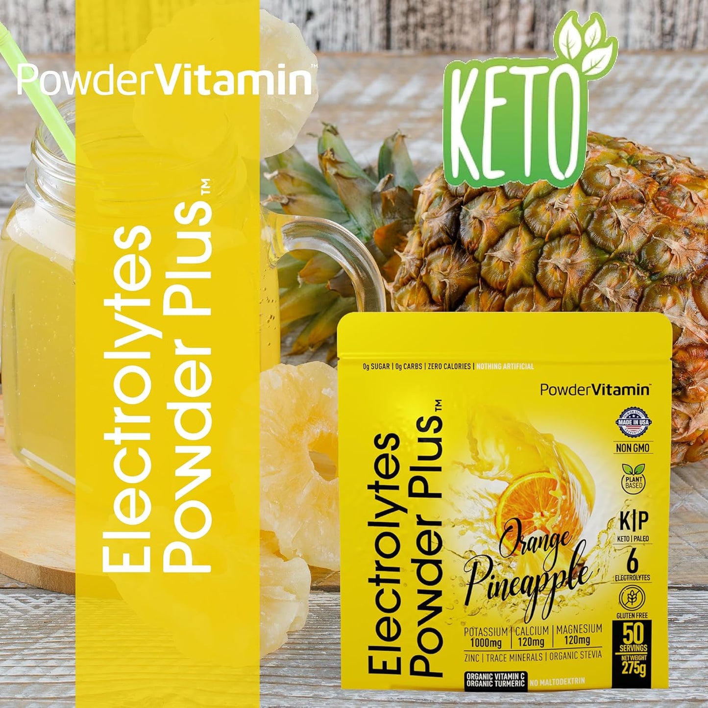50 Servings Powder Vitamin Electrolytes with 0 Calorie Keto Formula - Orange Pineapple Flavor, 1000mg Potassium, 120mg Calcium, 120mg Magnesium for Hydration