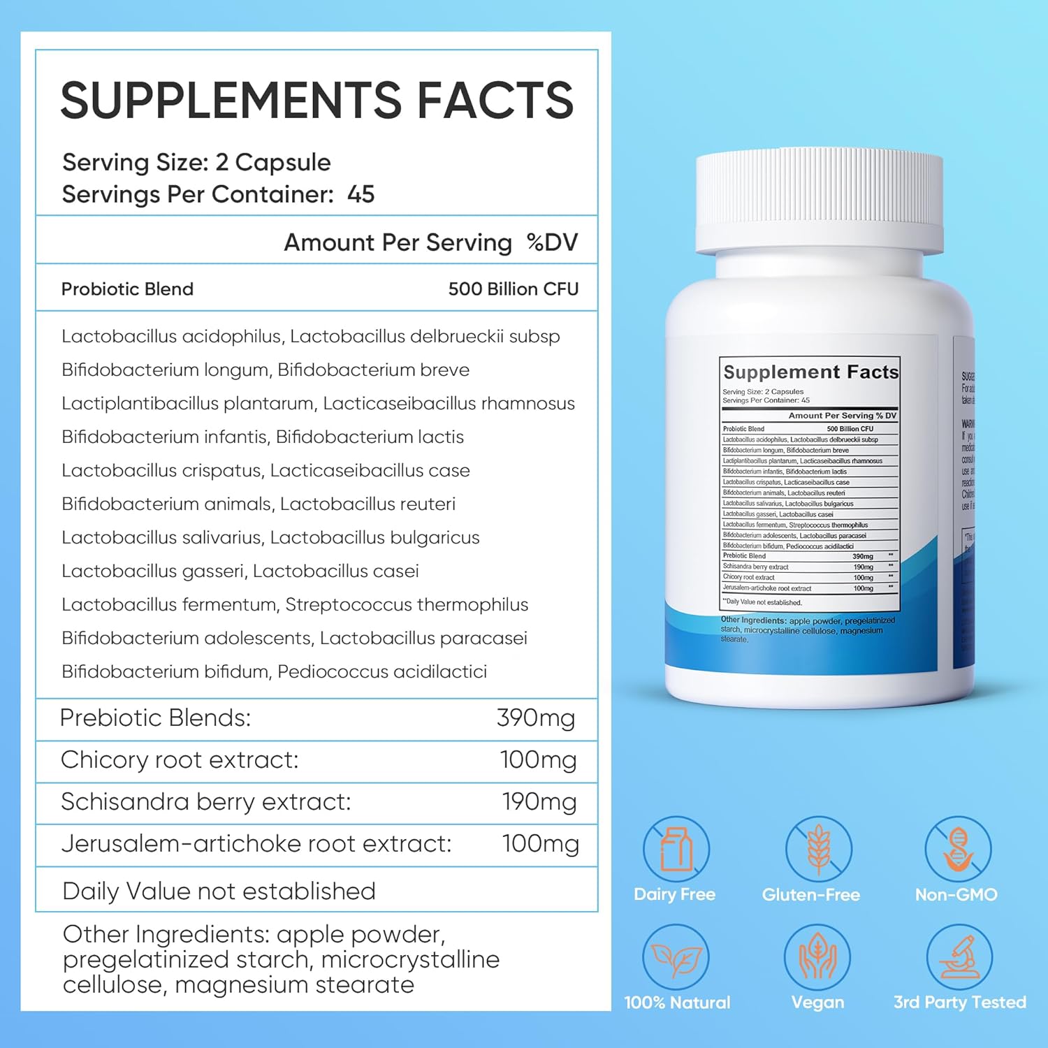 500 Billion CFU Probiotic Supplement for Men and Women - 22 Prebiotic Strains - Supports Digestive Health - 90ct