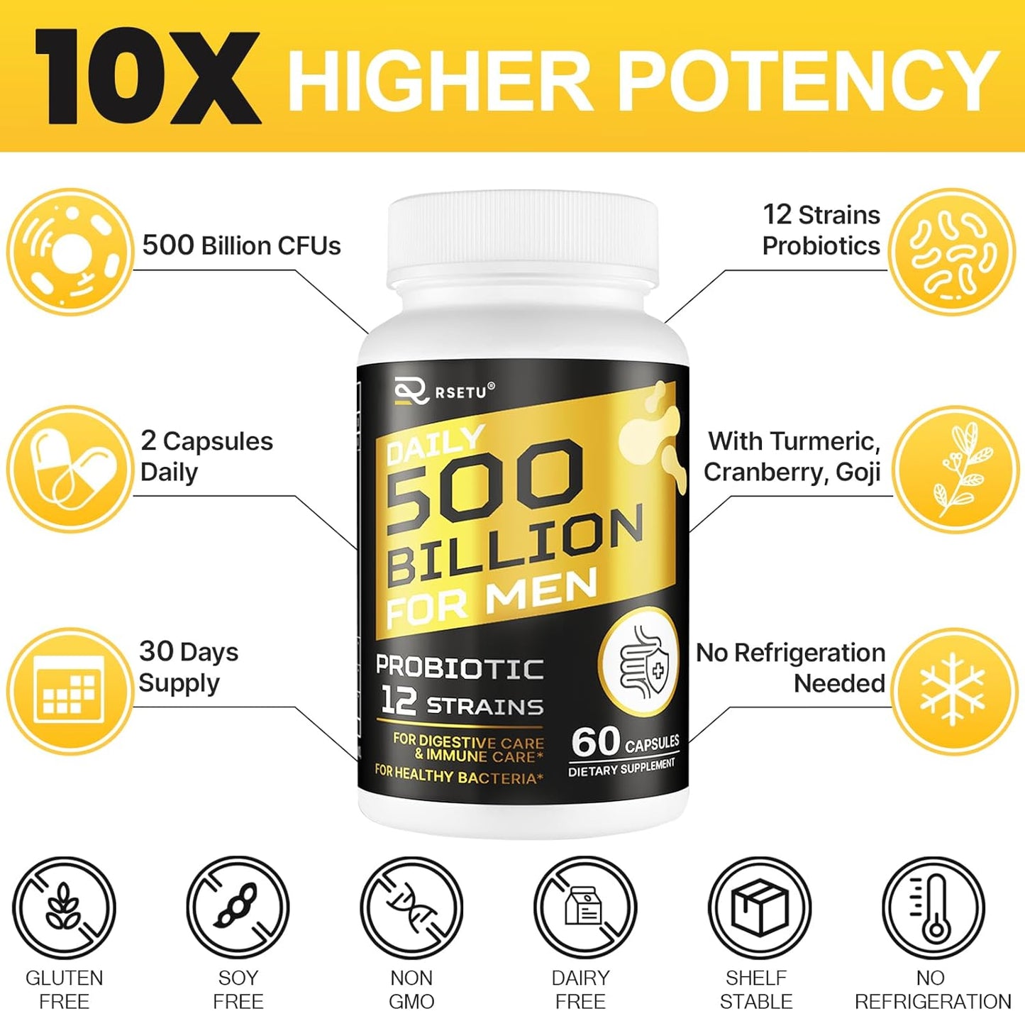 500 Billion CFUs Men's Probiotic with 12 Strains, Turmeric Cranberry & Goji - Gut Health, Digestive Support, Immune Boost & Energy - 60-Day Supply