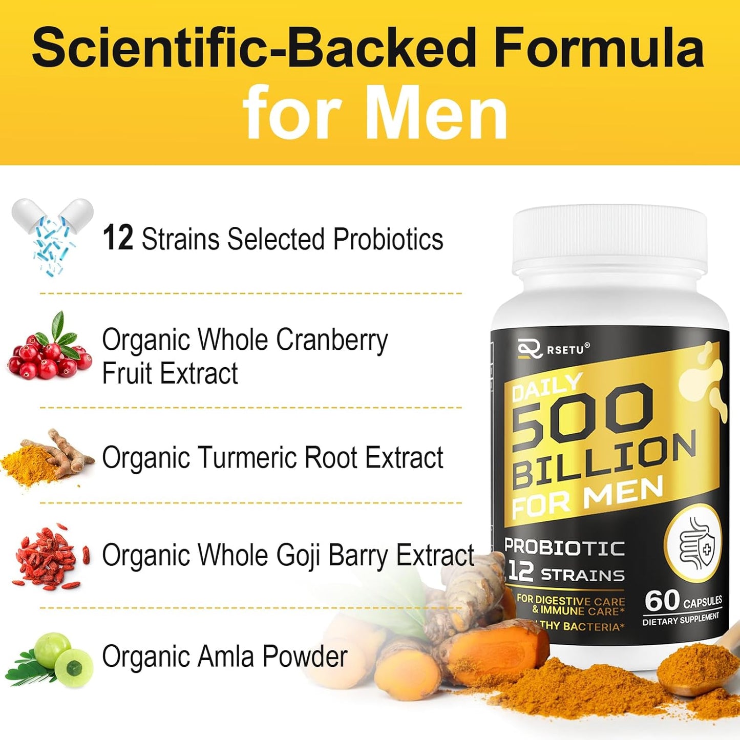 500 Billion CFUs Men's Probiotic with 12 Strains, Turmeric Cranberry & Goji - Gut Health, Digestive Support, Immune Boost & Energy - 60-Day Supply
