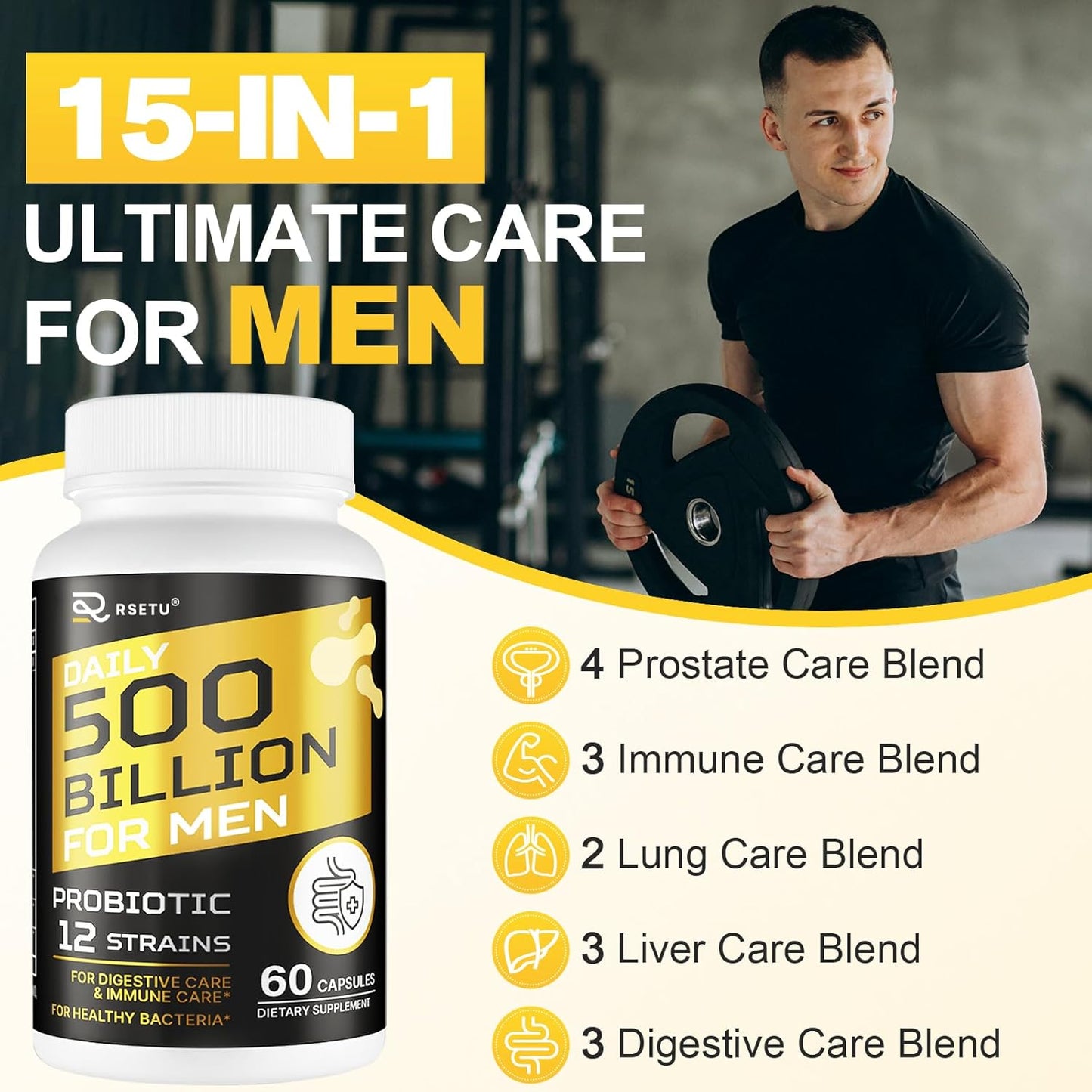 500 Billion CFUs Men's Probiotic with 12 Strains, Turmeric Cranberry & Goji - Gut Health, Digestive Support, Immune Boost & Energy - 60-Day Supply