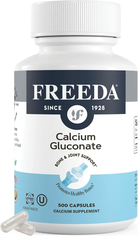 500 Capsules Freeda Calcium Gluconate: Kosher Vegan Bone & Joint Support Supplement for Men & Women - Easy to Digest - Pure Calcium, No Vitamin D