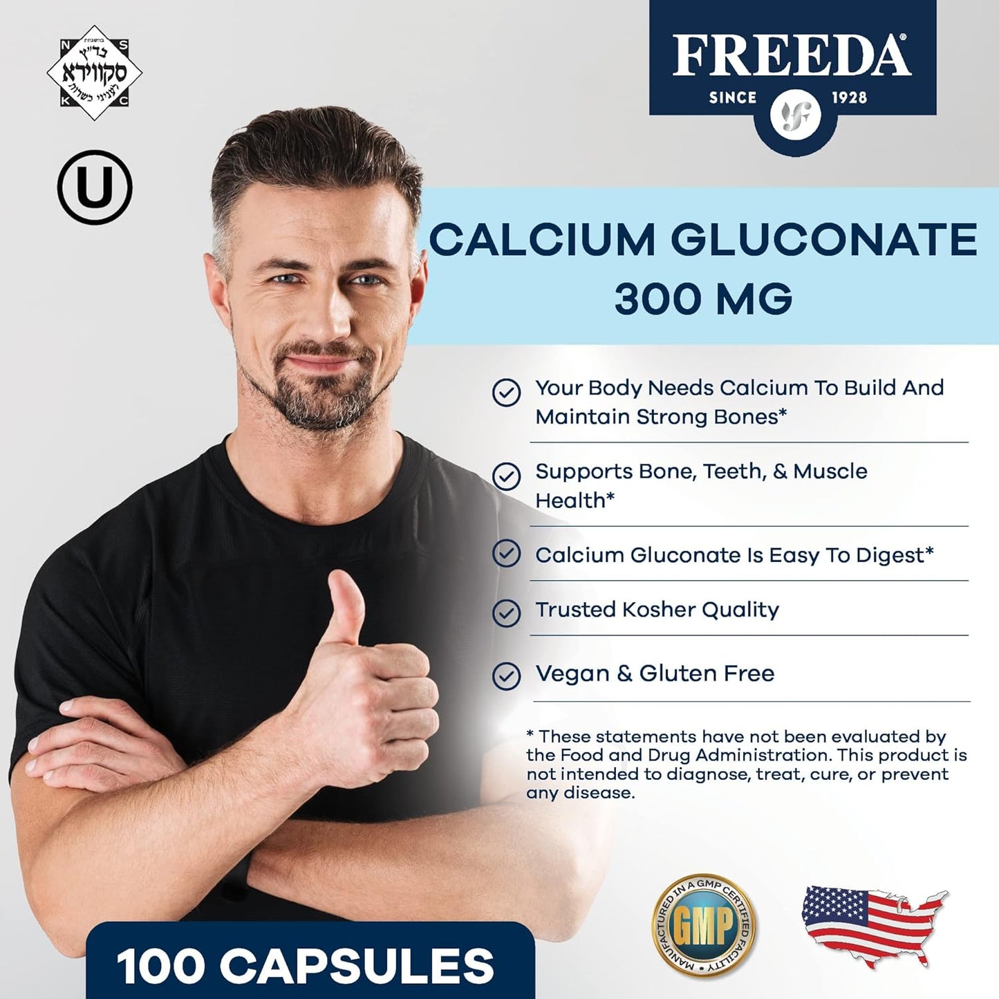 500 Capsules Freeda Calcium Gluconate: Kosher Vegan Bone & Joint Support Supplement for Men & Women - Easy to Digest - Pure Calcium, No Vitamin D