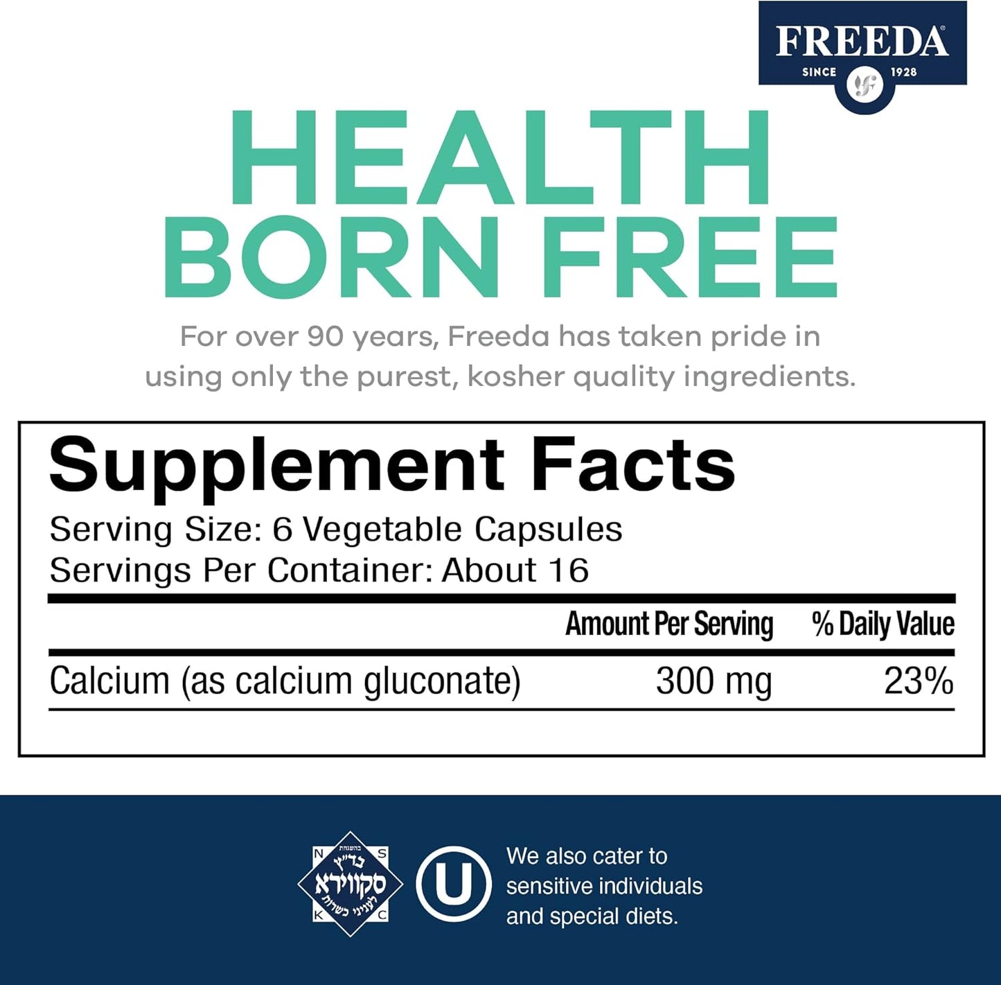 500 Capsules Freeda Calcium Gluconate: Kosher Vegan Bone & Joint Support Supplement for Men & Women - Easy to Digest - Pure Calcium, No Vitamin D