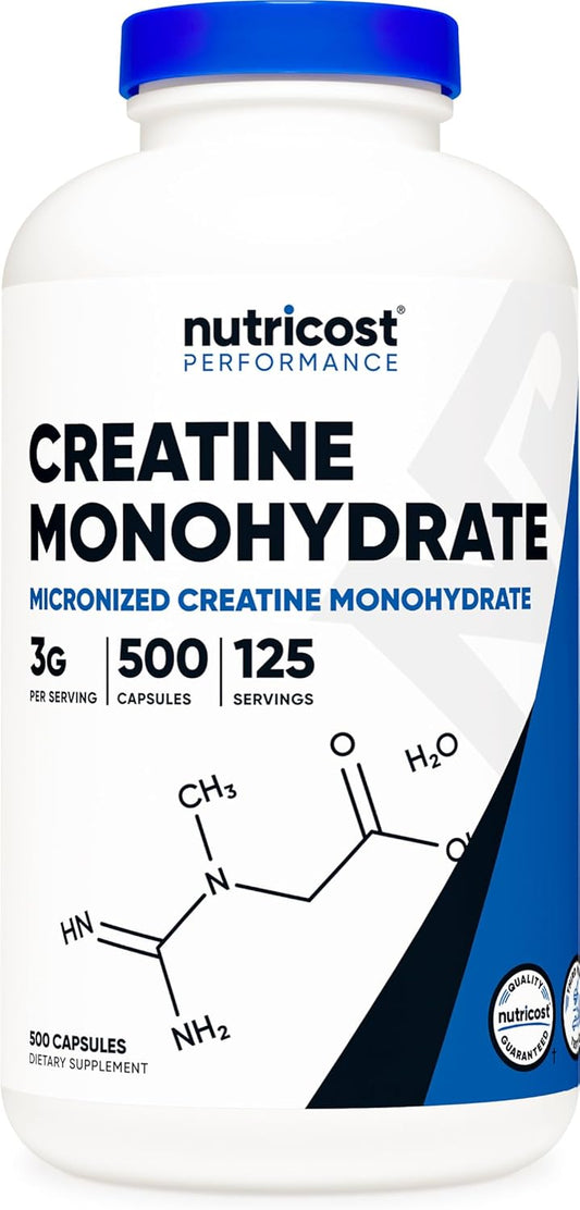 500 Capsules of Nutricost Micronized Creatine Monohydrate - 3,000mg, 125 Servings