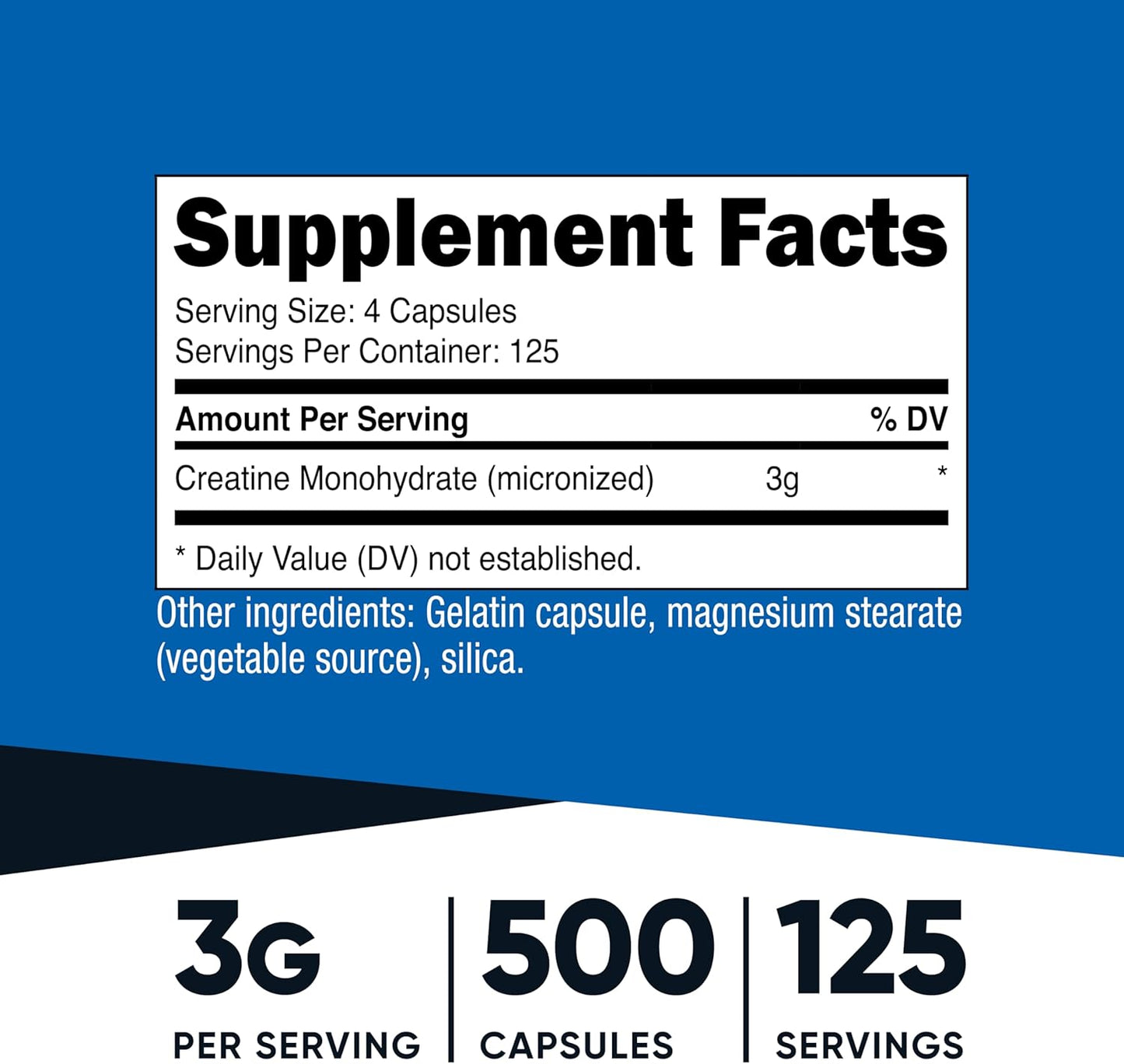 500 Capsules of Nutricost Micronized Creatine Monohydrate - 3,000mg, 125 Servings