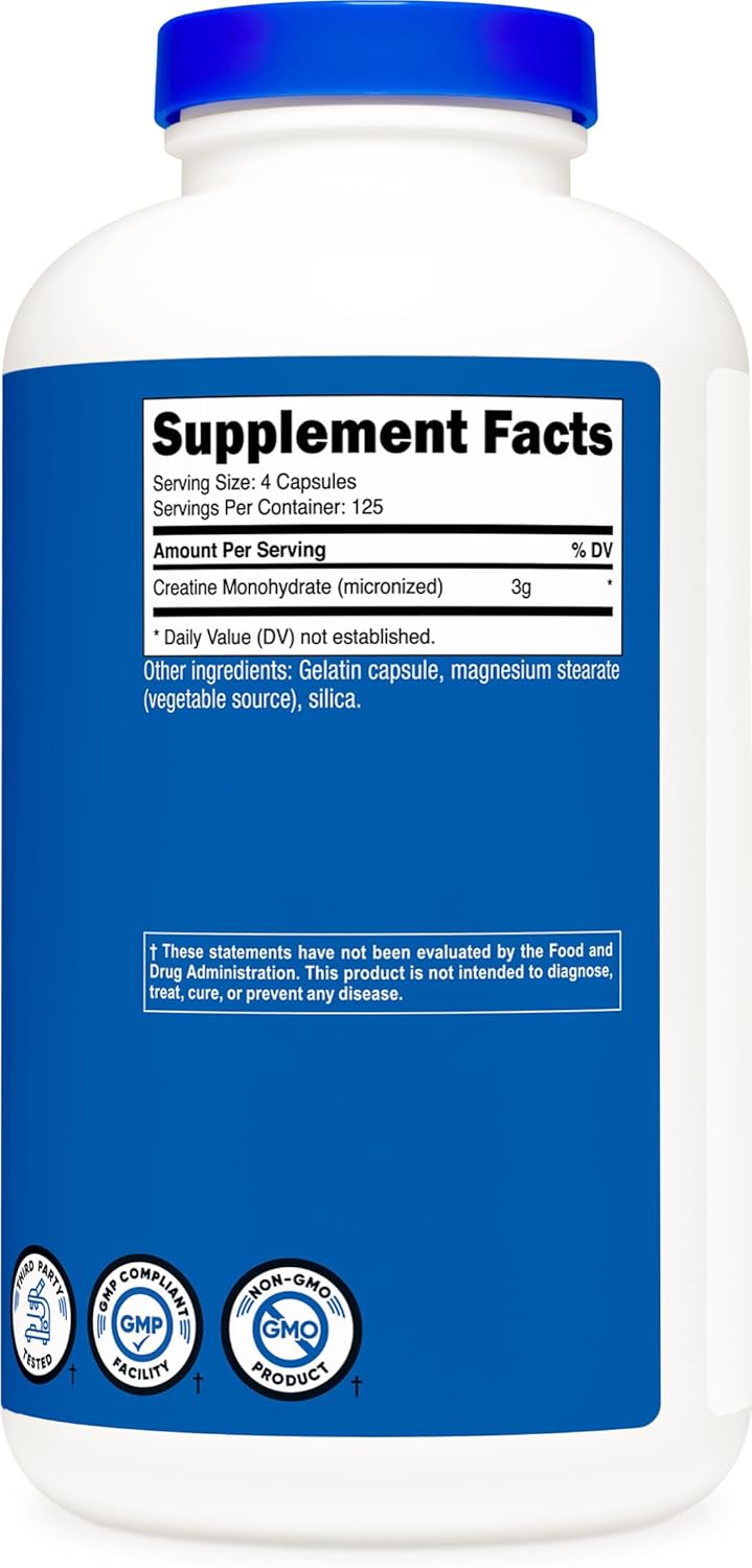 500 Capsules of Nutricost Micronized Creatine Monohydrate - 3,000mg, 125 Servings