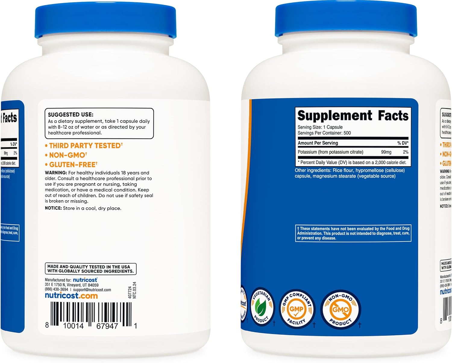 500 Capsules of Nutricost Potassium Citrate 99mg Supplement