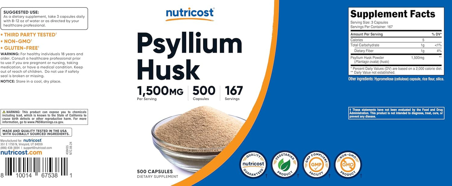 500 Capsules of Nutricost Psyllium Husk 1500mg - Non-GMO & Gluten Free Fibre Supplement