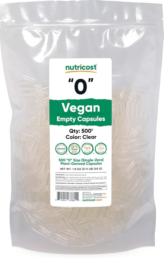 500 Clear Size 0 Vegan Plant-Based Capsules - Kosher & Halal Certified, Non-GMO, Soy & Gluten Free