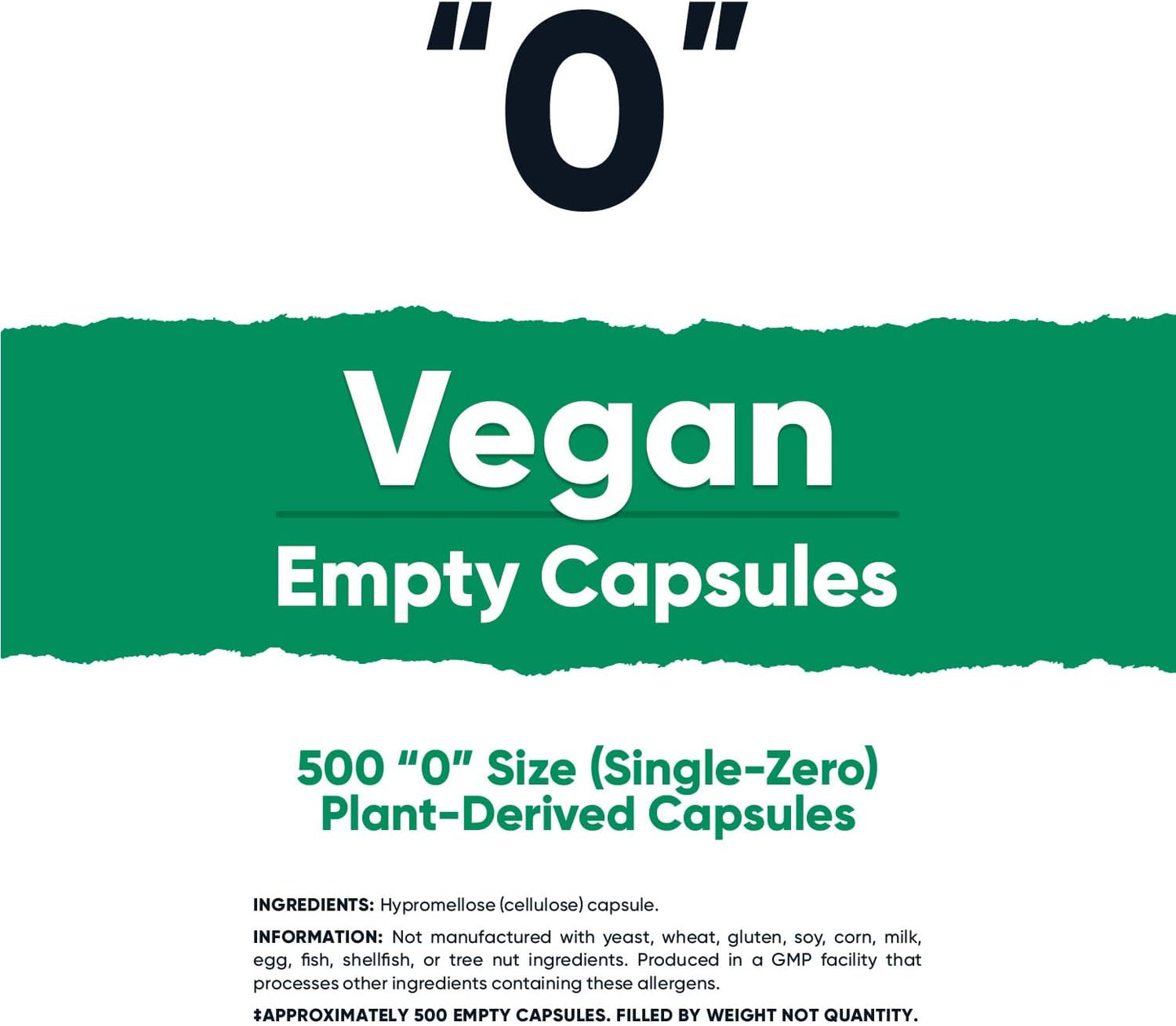 500 Clear Size 0 Vegan Plant-Based Capsules - Kosher & Halal Certified, Non-GMO, Soy & Gluten Free