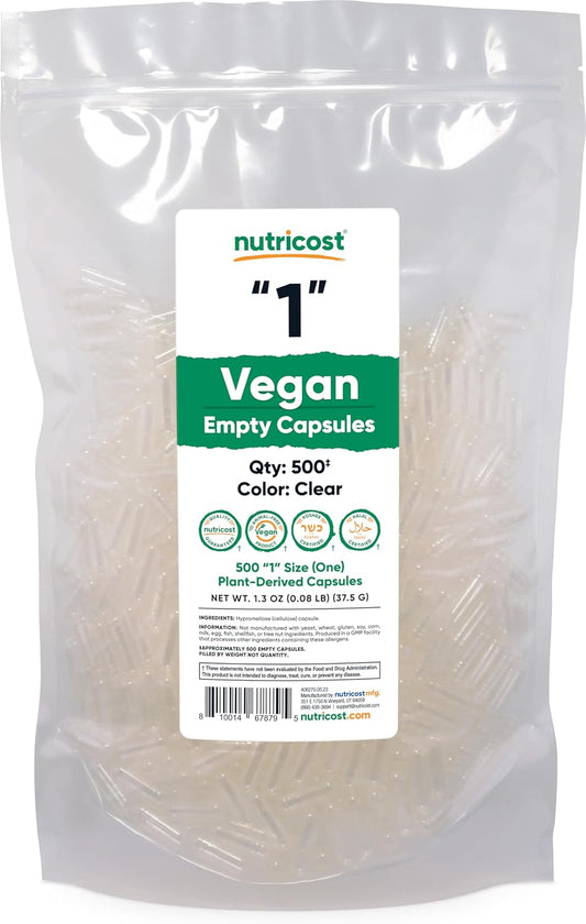 500 Clear Size 1 Vegan Empty Plant-Based Capsules - Nutricost Kosher, Halal, Non-GMO, Soy and Gluten Free