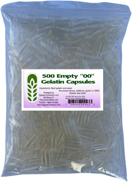 500 Count Empty Gelatin Capsules Size 00 Made in USA - Bulk Resealable Bag
