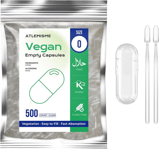 500 Count Size 0 Vegan Capsules for DIY Vegetable Capsule Filling with Micro Lab Spoons