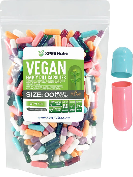500 Count Size 00 Empty Vegan Capsules by XPRS Nutra - DIY Vegetable Capsule Filling Kit - Vegetarian Pill Capsules - Multi Color Veggie Caps