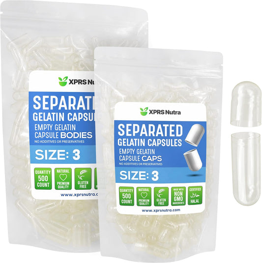 500 Count Size 3 Gelatin Empty Capsules for DIY Supplement Filling - Clear Pill Capsules in Bags