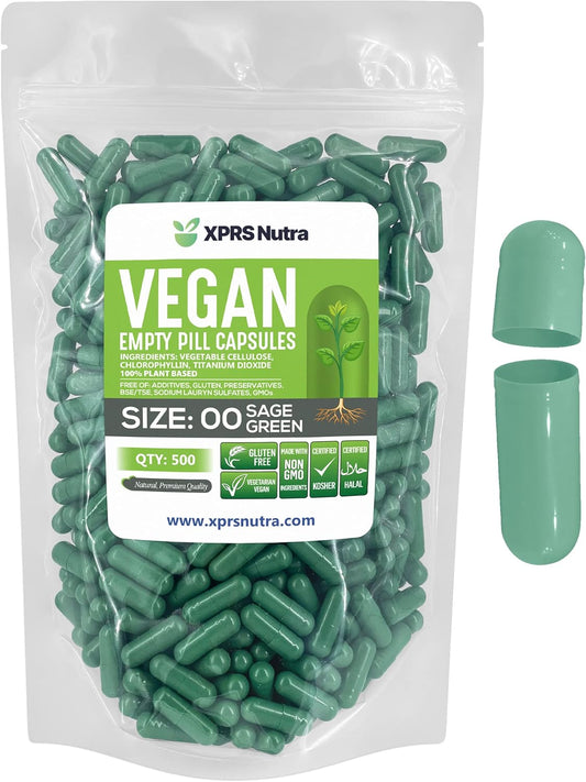 500 Count XPRS Nutra Size 00 Empty Vegan Capsules for DIY Vegetable Capsule Filling - Vegetarian Pill Capsules - Sage Green Veggie Caps