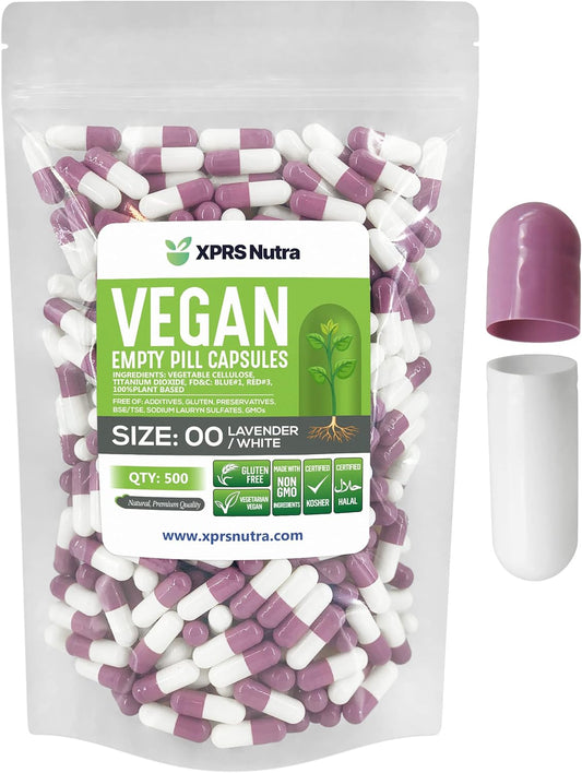 500 Count XPRS Nutra Size 00 Empty Vegan Capsules for DIY Vegetable Filling - Vegetarian Pill Capsules - Lavender/White Veggie Caps