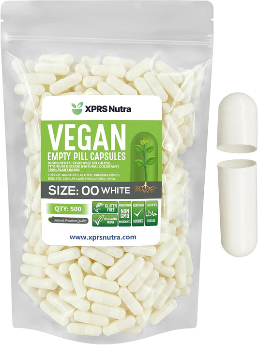 500 Count XPRS Nutra Size 00 Vegan Empty Capsules for DIY Vegetable Filling - White Vegetarian Pill Caps