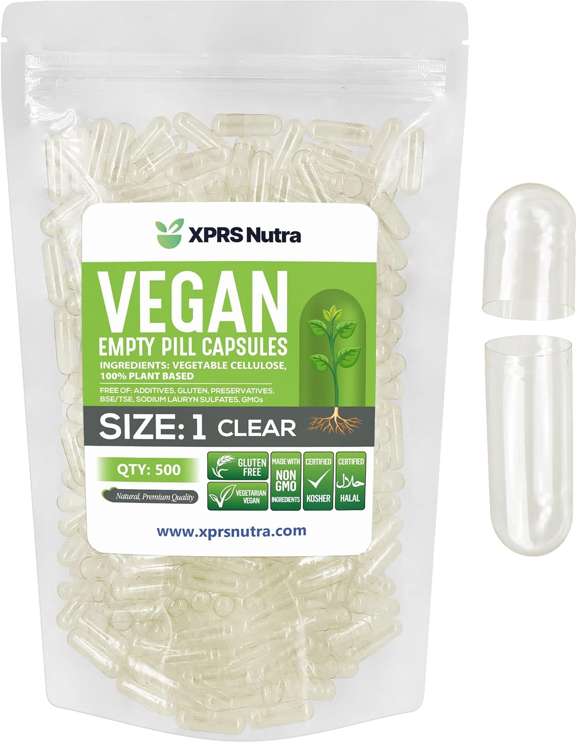 500 Count XPRS Nutra Size 1 Clear Vegan Empty Capsules for DIY Vegetable Filling