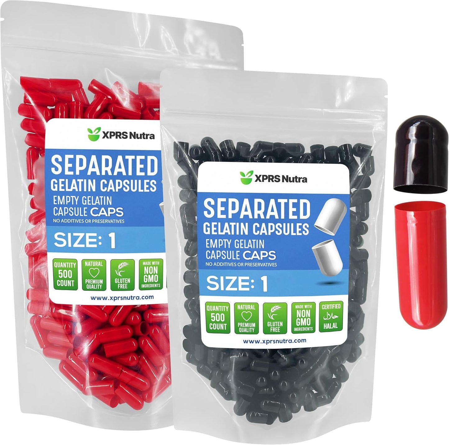 500 Count XPRS Nutra Size 1 Gelatin Empty Pill Capsules Separated in Bags for DIY Supplement Filling