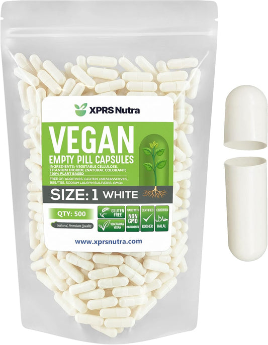 500 Count XPRS Nutra Size 1 Vegan Empty Capsules for DIY Vegetable Filling - Vegetarian Pill Capsules - White Veggie Caps