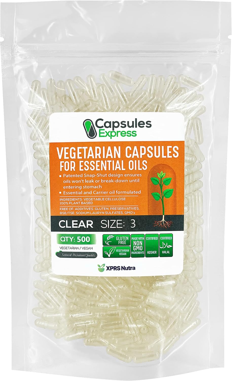500 Count XPRS Nutra Size 3 Clear Vegan Capsules for Essential Oils - Empty Vegetable Capsules for DIY Oil Filling - Compatible with Most Oils