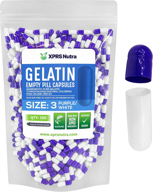500 Count XPRS Nutra Size 3 Empty Gelatin Capsules for DIY Capsule Filling - Pure Bovine Pill Capsules
