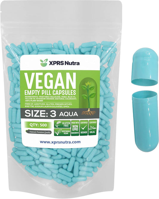 500 Count XPRS Nutra Size 3 Vegan Empty Capsules for DIY Vegetable Filling - Aqua Vegetable Pill Caps