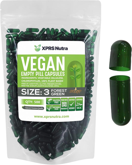 500 Count XPRS Nutra Size 3 Vegan Empty Capsules for DIY Vegetable Filling - Forest Green Veggie Pill Caps