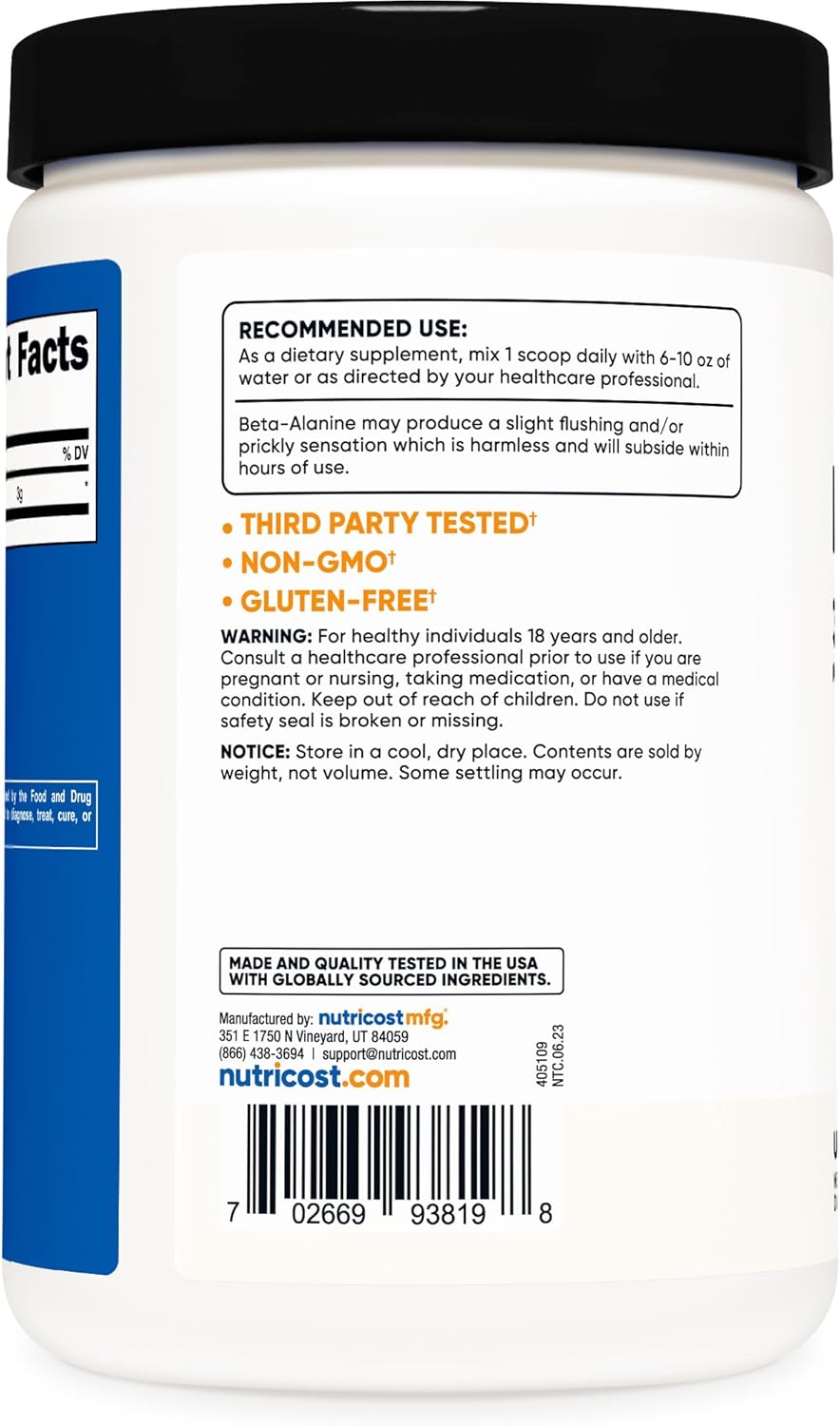 500 Grams Nutricost Beta Alanine Powder - Pure, Gluten Free, Non-GMO