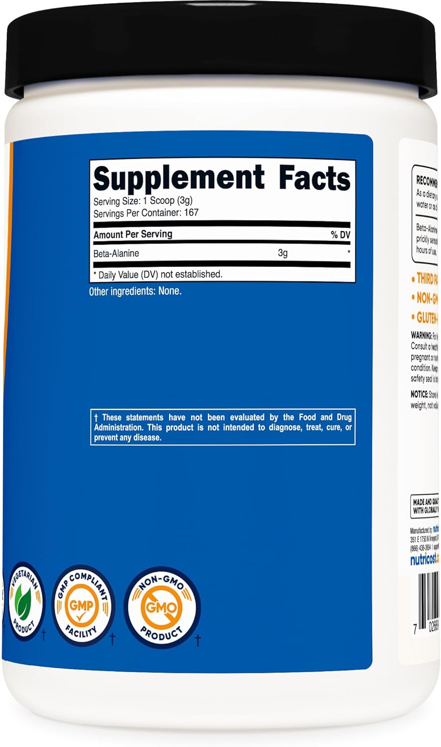 500 Grams Nutricost Beta Alanine Powder - Pure, Gluten Free, Non-GMO