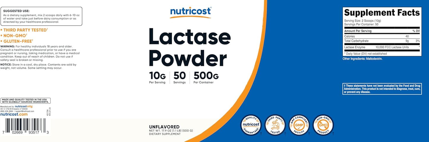500 Grams Nutricost Lactase Powder - Non-GMO and Gluten-Free Formula