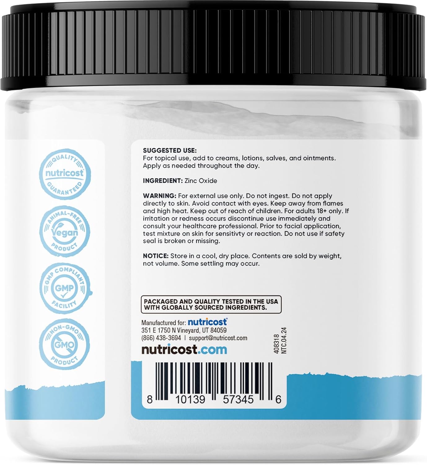 500 Grams of Pure Zinc Oxide Powder - Vegan, Non-GMO, No Additives - Nutricost Essentials