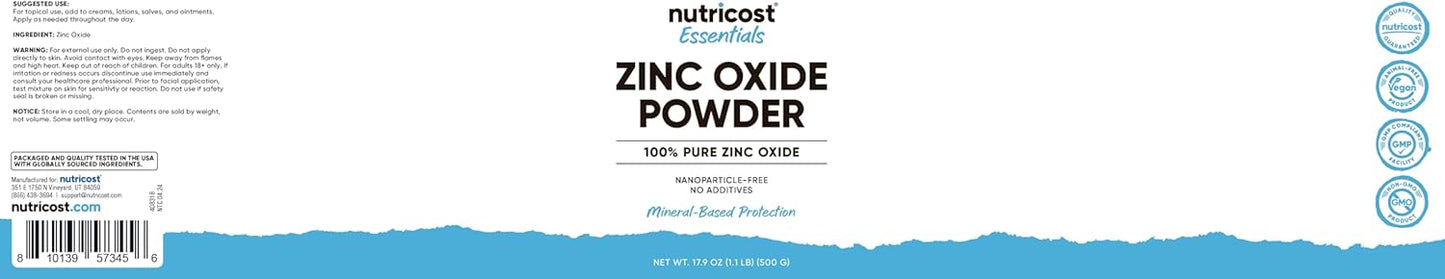 500 Grams of Pure Zinc Oxide Powder - Vegan, Non-GMO, No Additives - Nutricost Essentials