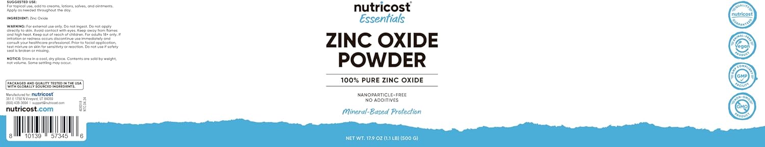 500 Grams of Pure Zinc Oxide Powder - Vegan, Non-GMO, No Additives - Nutricost Essentials