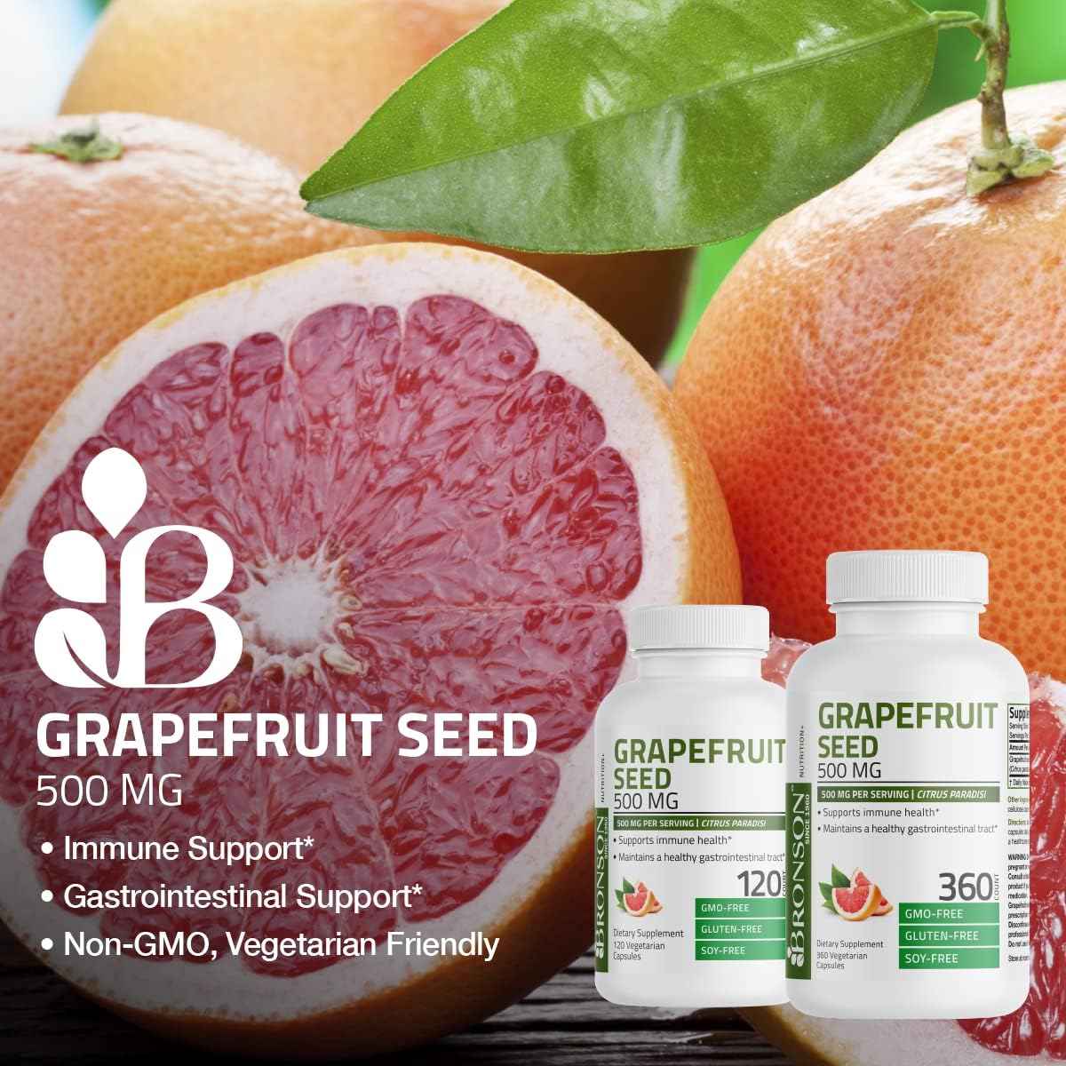 500 MG Bronson Grapefruit Seed Extract Capsules - Immune & Digestive Support - Non-GMO, 120 Veg Caps