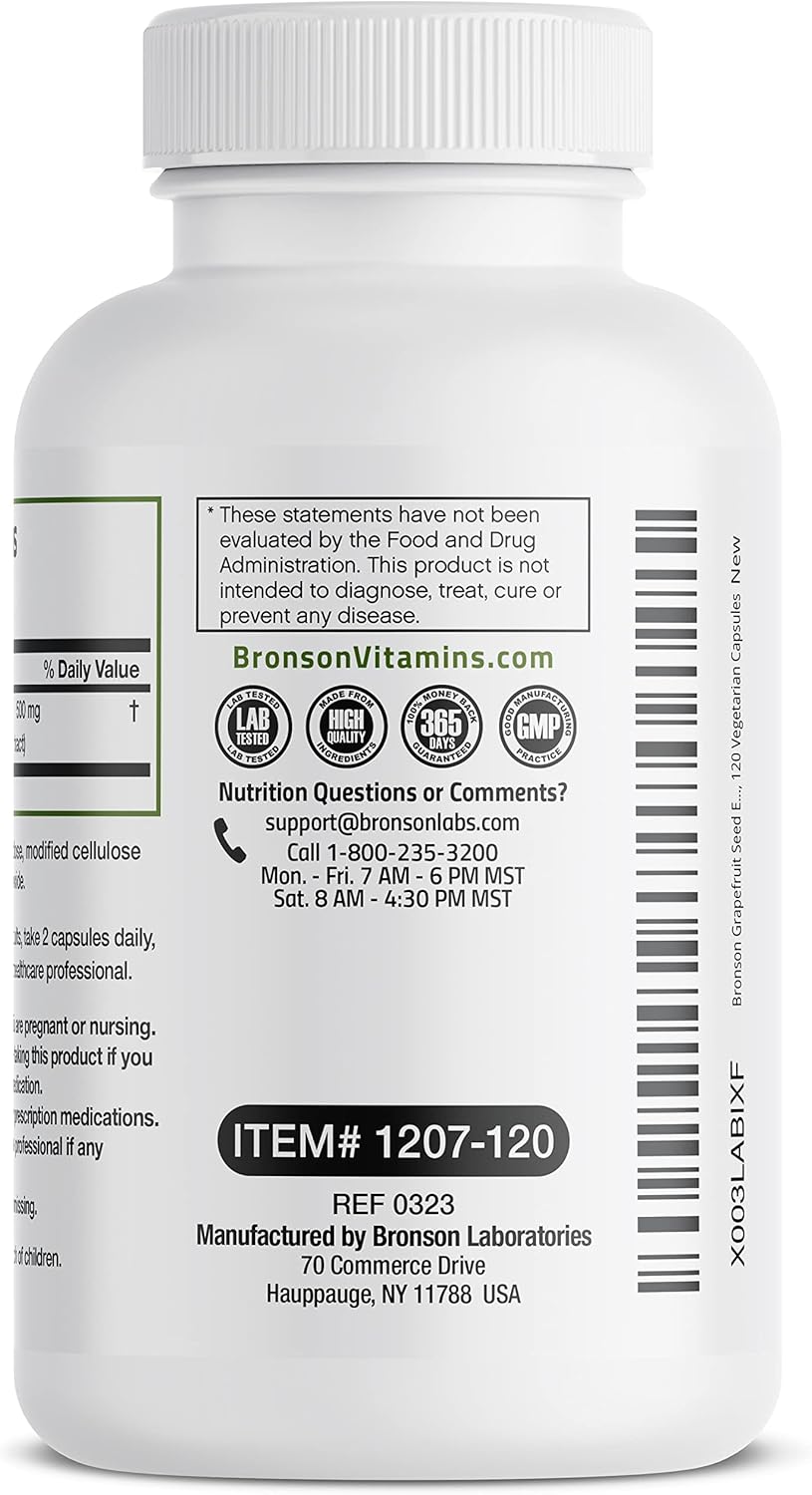 500 MG Bronson Grapefruit Seed Extract Capsules - Immune & Digestive Support - Non-GMO, 120 Veg Caps