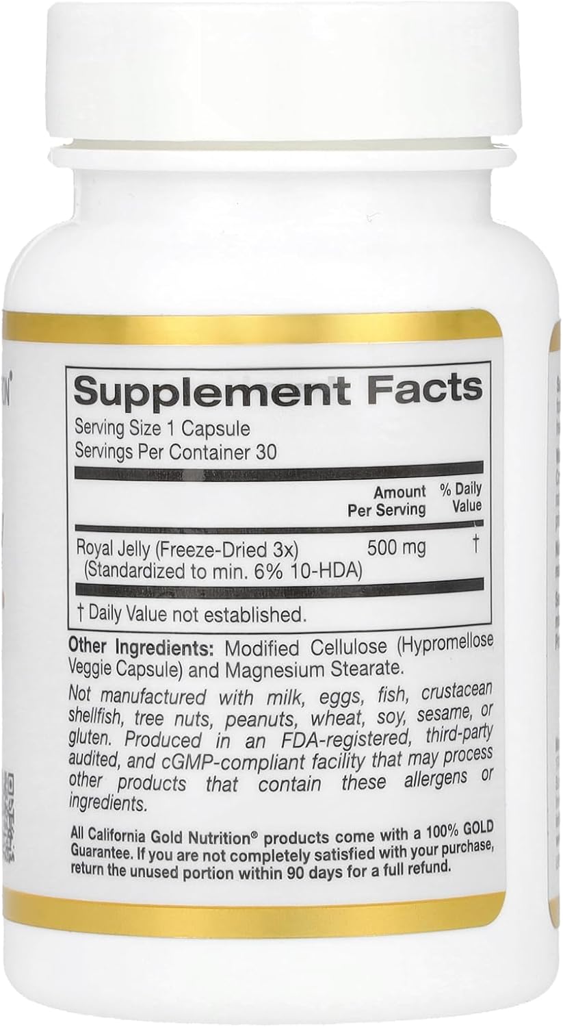 500 mg California Gold Nutrition Royal Jelly Supplement - 30 Vegetarian Capsules