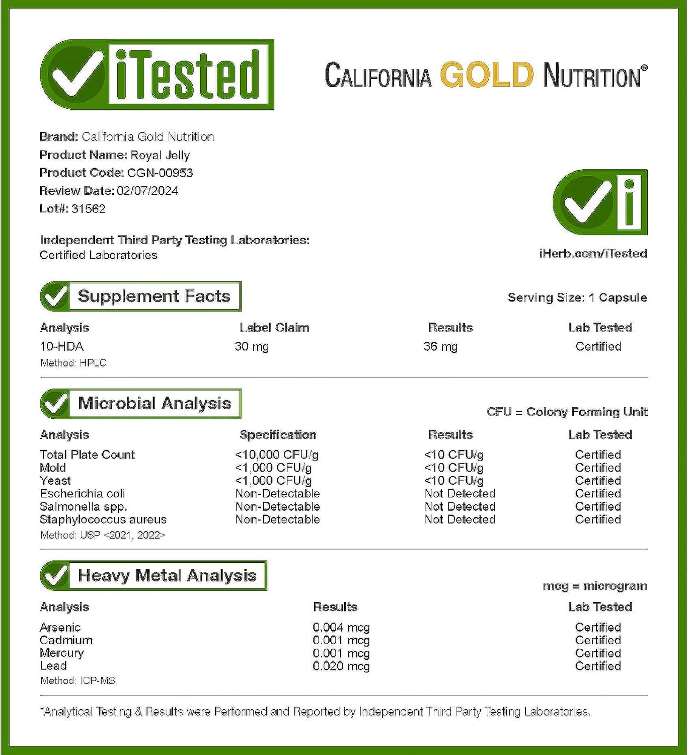 500 mg California Gold Nutrition Royal Jelly Supplement - 30 Vegetarian Capsules