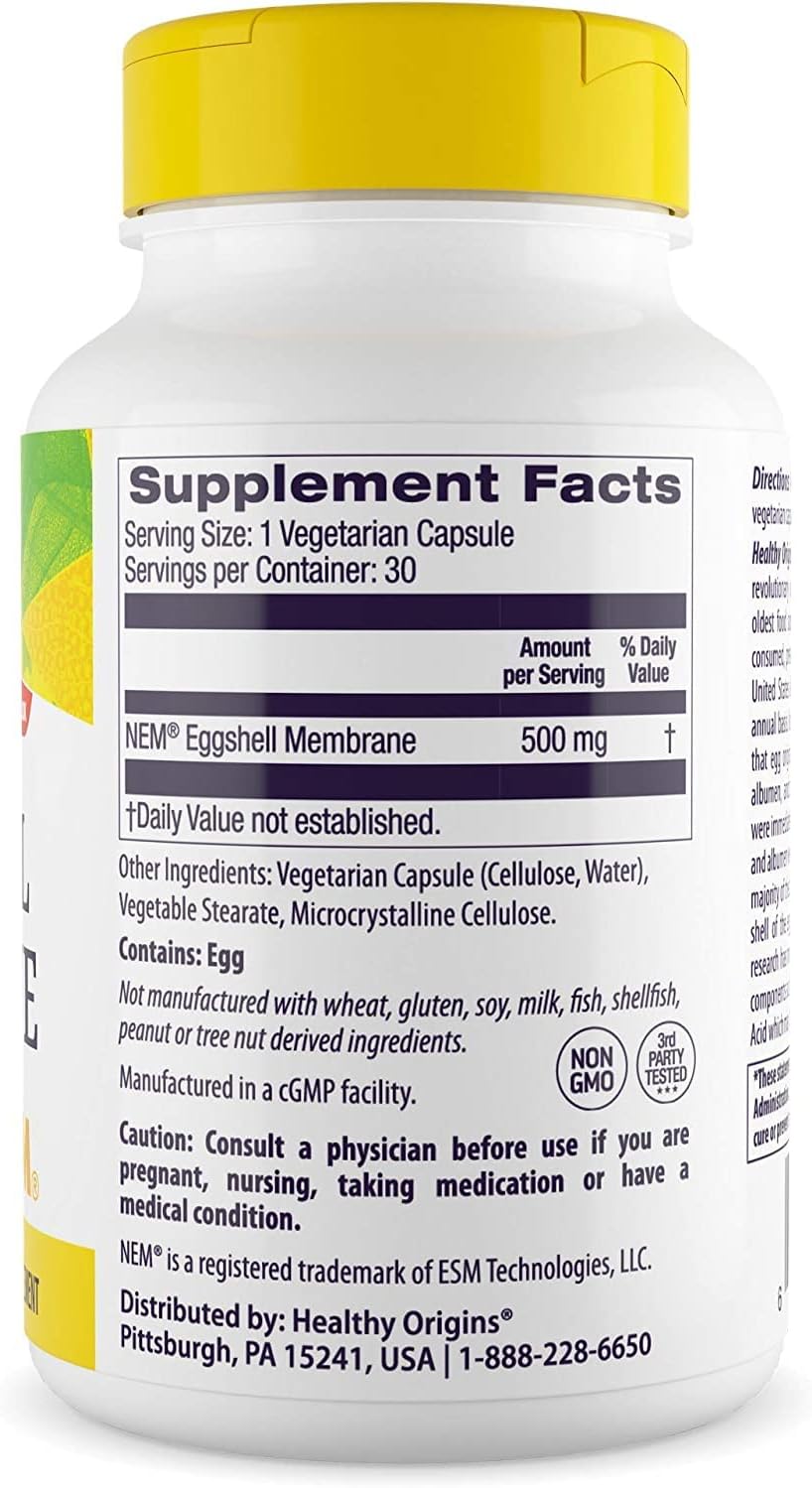 500 mg Healthy Origins Eggshell Membrane (NEM) Supplement - Natural Joint and Collagen Support - Gluten-Free - 30 Veggie Caps