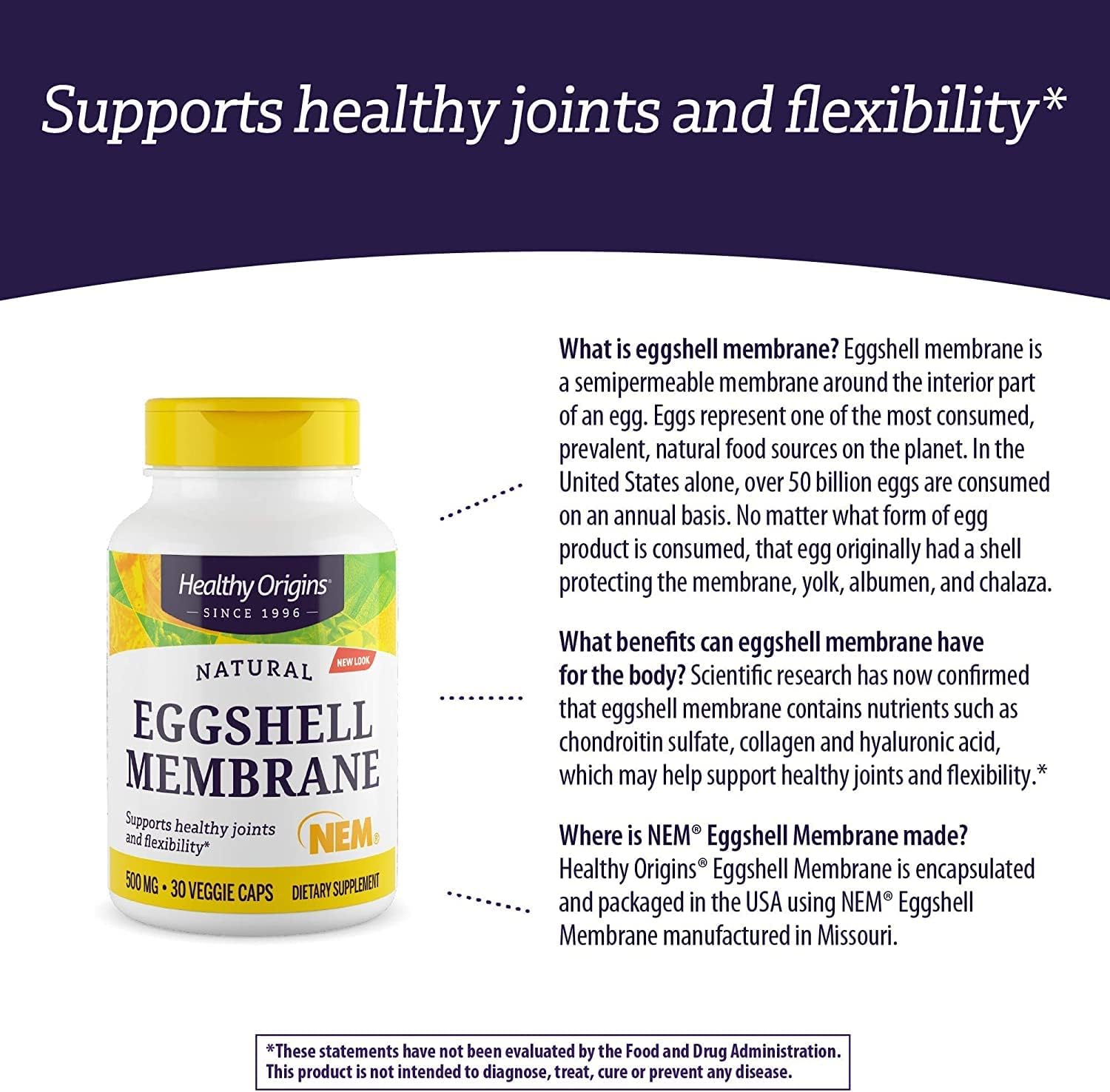 500 mg Healthy Origins Eggshell Membrane (NEM) Supplement - Natural Joint and Collagen Support - Gluten-Free - 30 Veggie Caps