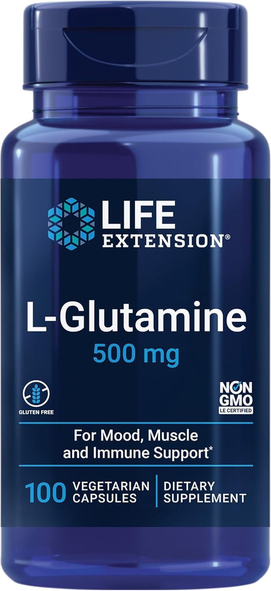 500 mg Life Extension L-Glutamine Capsules - Supports Muscle & Immune Health, Gluten-Free & Non-GMO - 100 Vegetarian Capsules